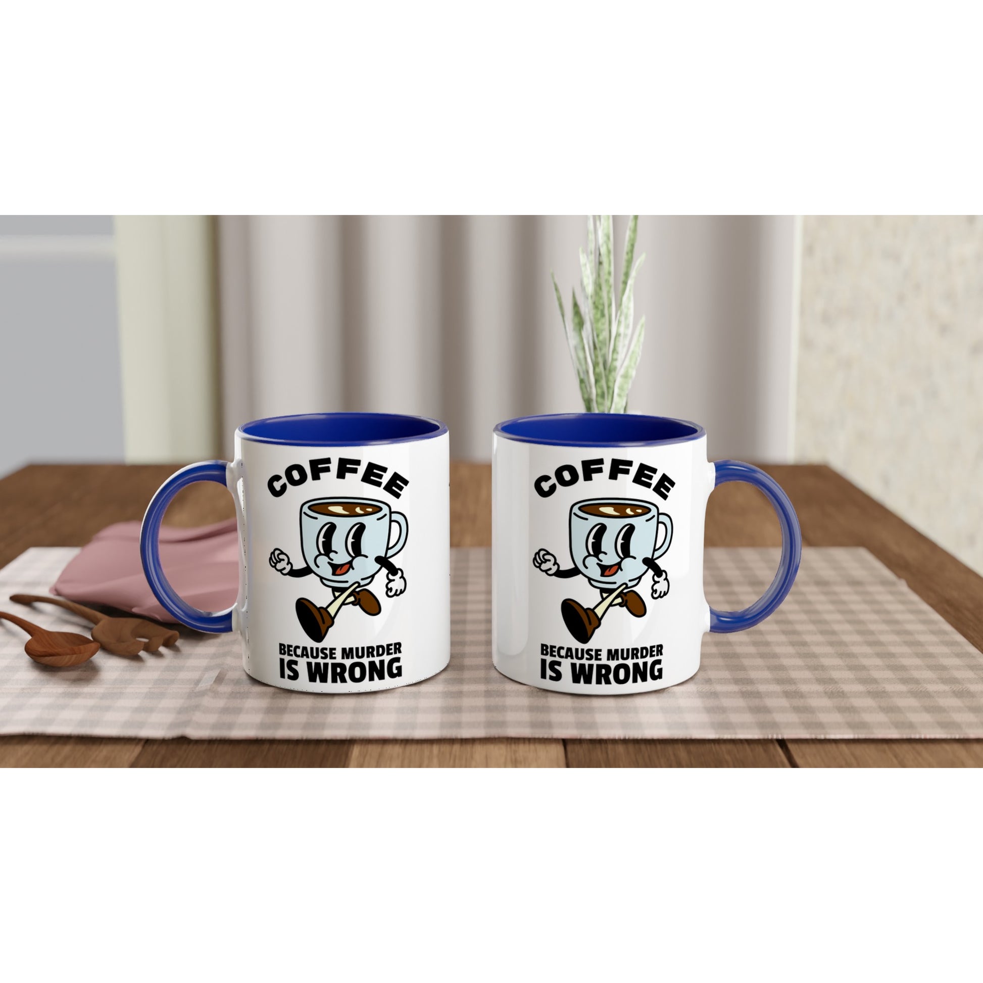 Coffee, Because Murder Is Wrong - White 11oz Ceramic Mug with Colour Inside Colour 11oz Mug coffee Globally Fulfilled retro