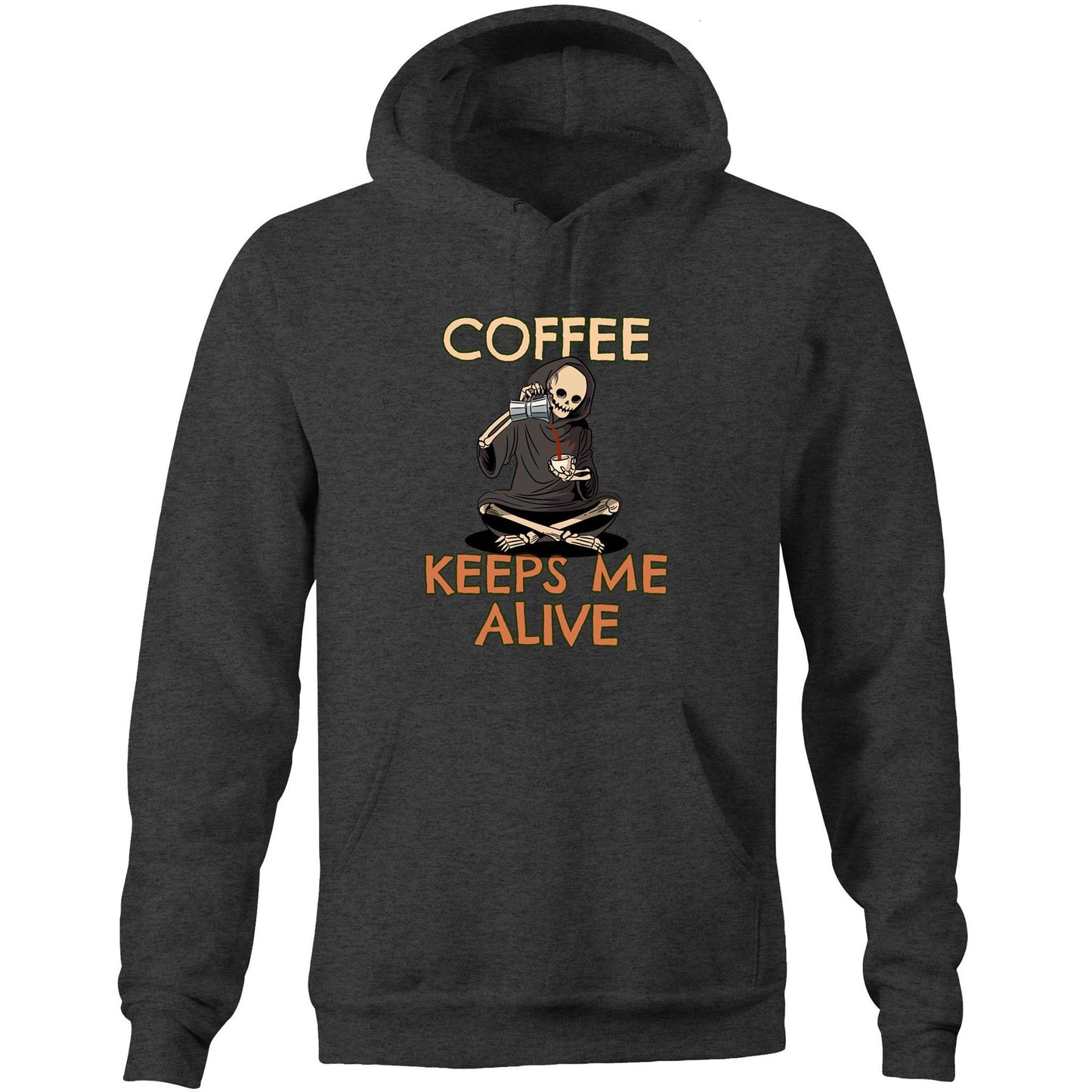 Skeleton, Coffee Keeps Me Alive - Pocket Hoodie Sweatshirt Asphalt Marle Hoodie Coffee