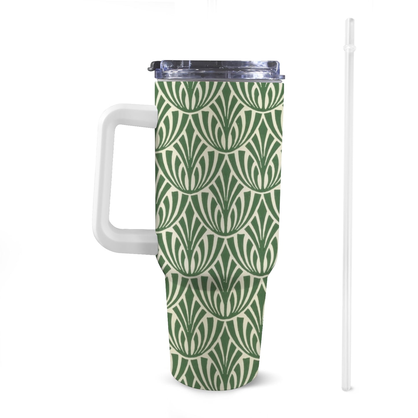 Green Pattern - 40oz Tumbler with White Handle