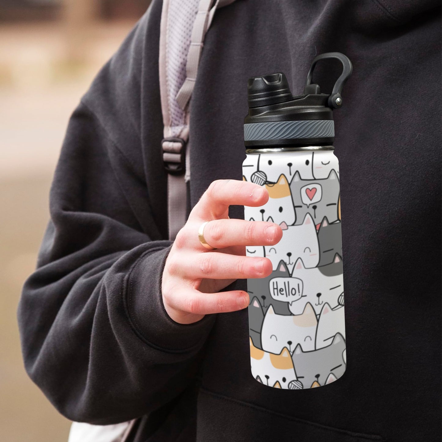 Cat Hello - Insulated Water Bottle with Dual-Use Lid (18oz) Insulated Water Bottle with Dual-Use Lid (18oz) animal Printed Offshore