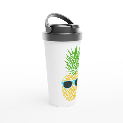 Pineapple With Glasses - White 15oz Stainless Steel Travel Mug Travel Mug Food Globally Fulfilled