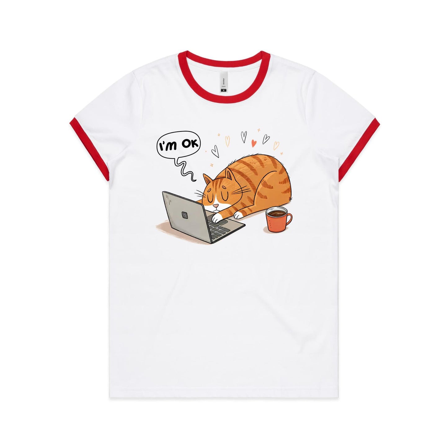 Cat Laptop, I'm OK - Women's Ringer Tee White Red Womens Ringer T-shirt animal Printed In Australia