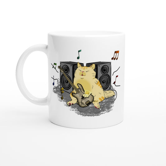 Cat Bass Player - White 11oz Ceramic Mug Default Title White 11oz Mug animal Music