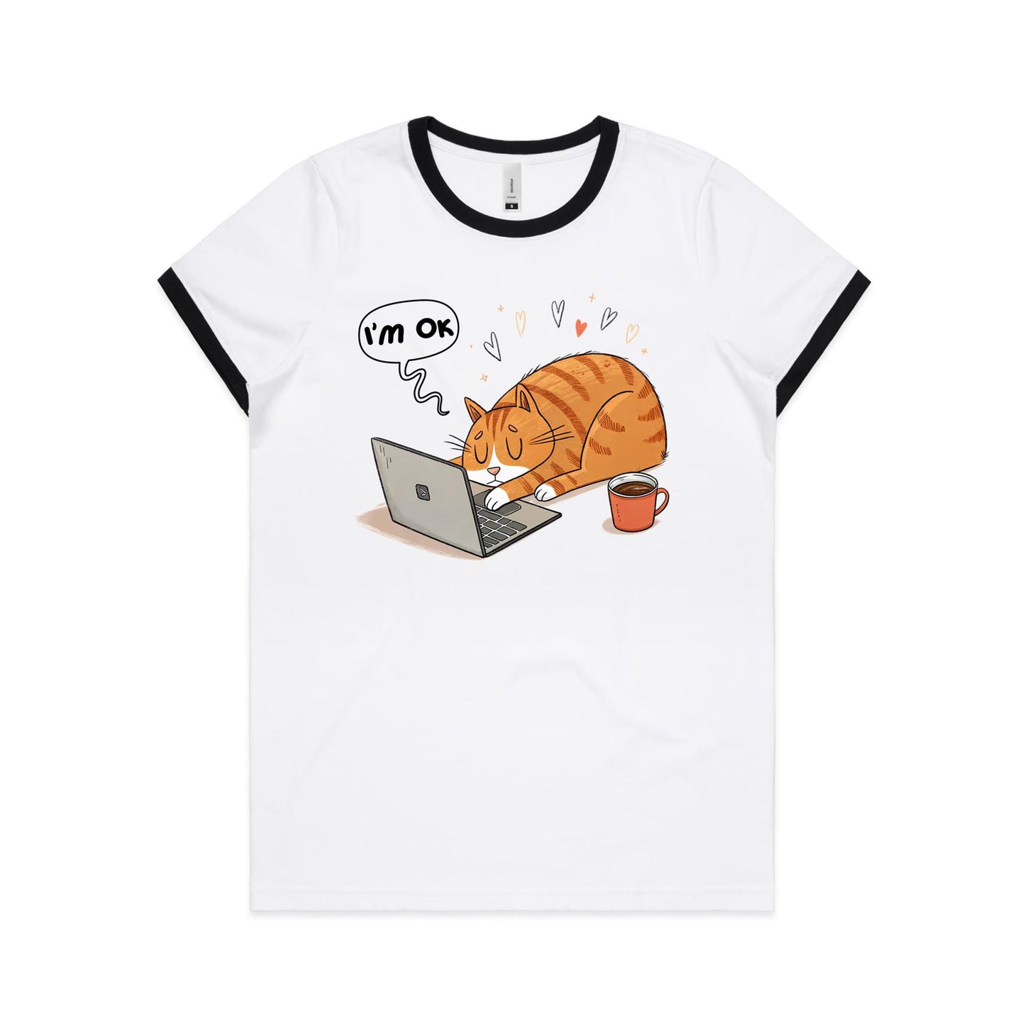 Cat Laptop, I'm OK - Women's Ringer Tee White Black Womens Ringer T-shirt animal Printed In Australia