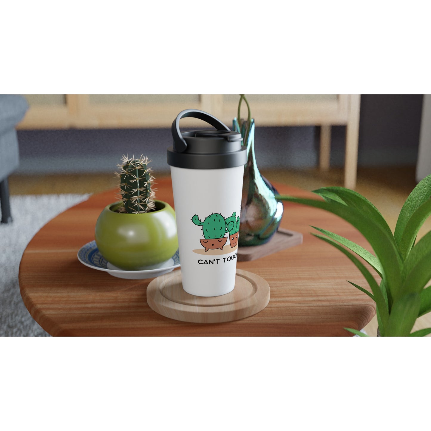 Can't Touch This, Cactus - White 15oz Stainless Steel Travel Mug Travel Mug Funny Globally Fulfilled Plants