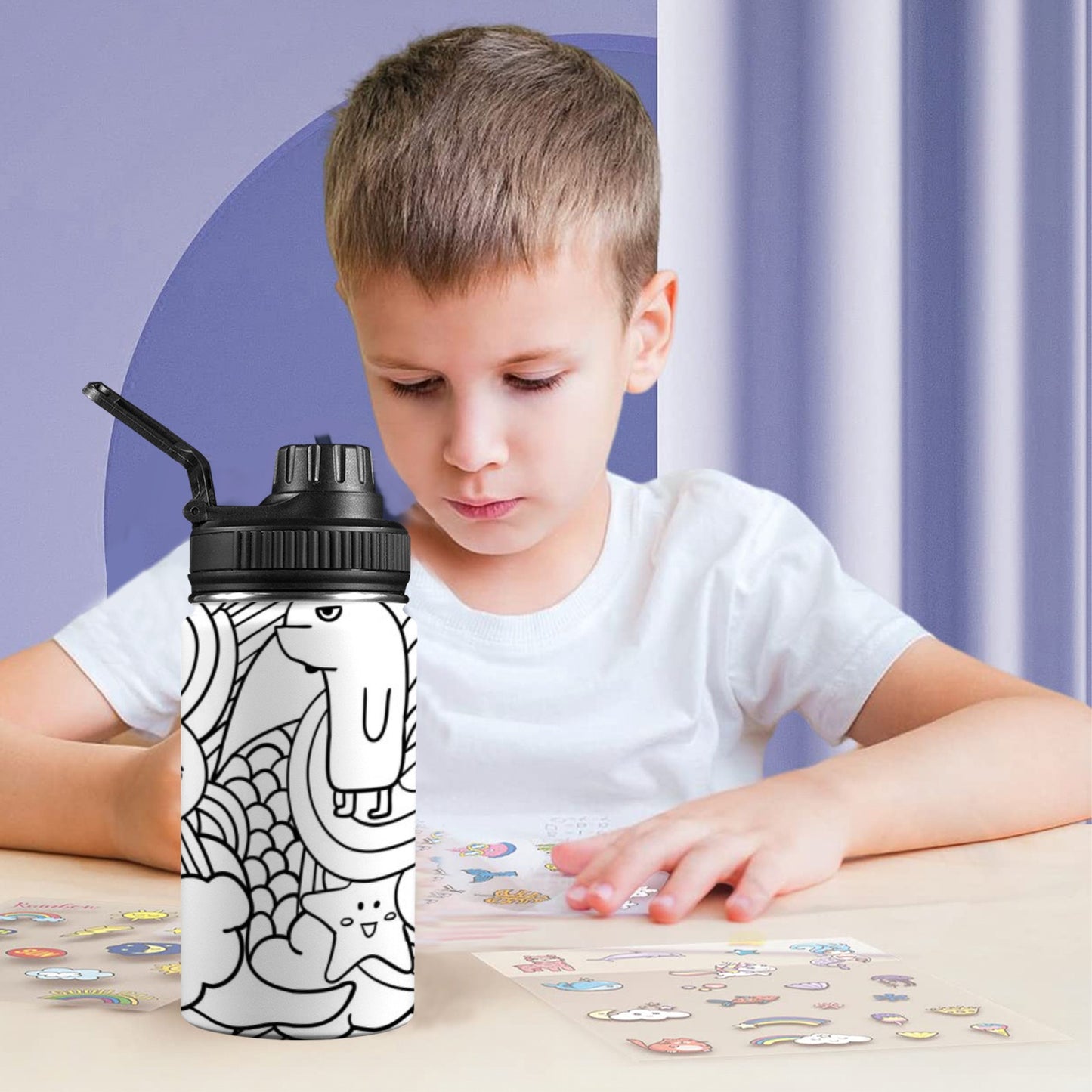 Black And White Creatures - Kids Water Bottle with Chug Lid (12 oz)