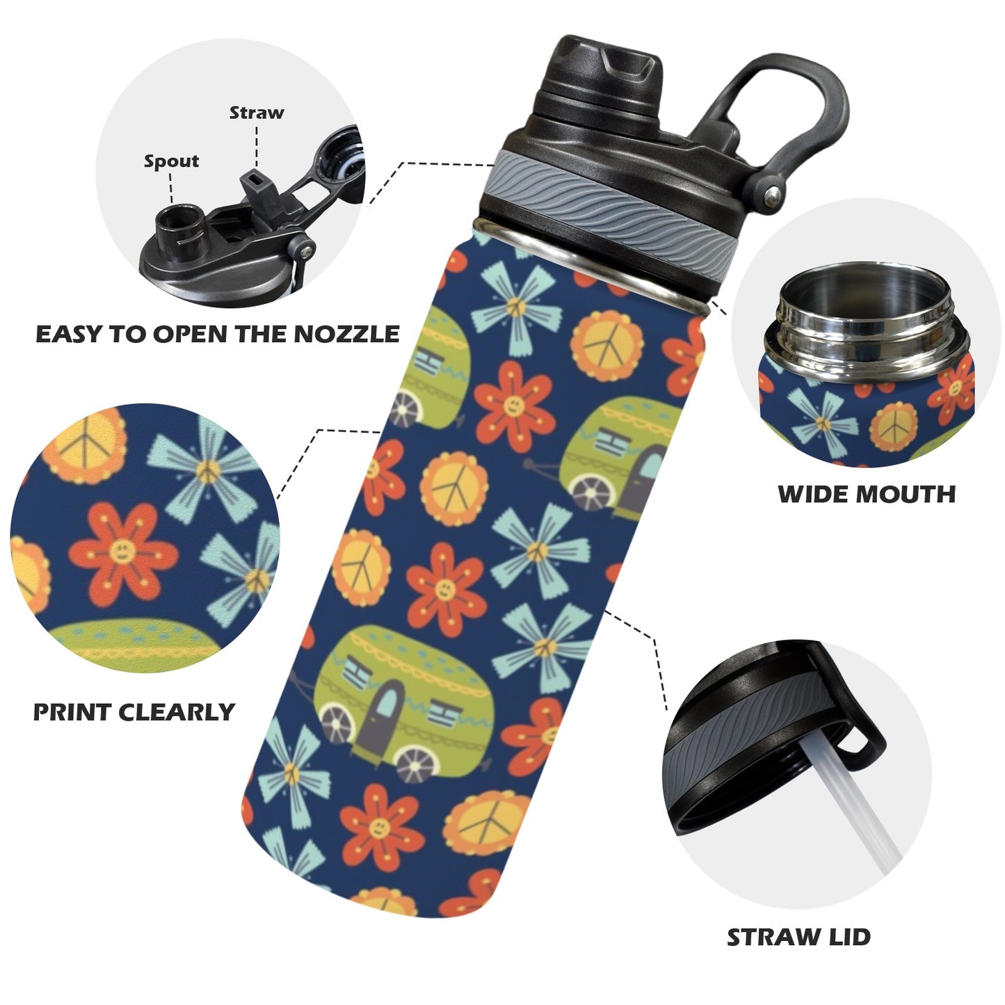 Hippy Caravan - Insulated Water Bottle with Dual-Use Lid (18oz) Insulated Water Bottle with Dual-Use Lid (18oz) Printed Offshore