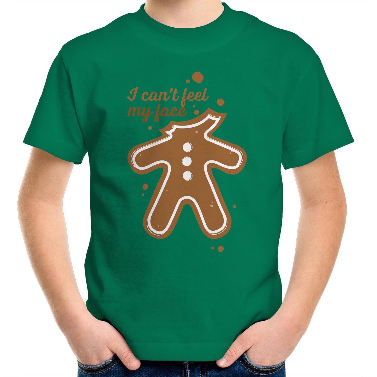 Gingerbread, I Can't Feel My Face, Christmas - Kids Youth T-Shirt Kelly Green Kids Christmas T-shirt Christmas Printed In Australia