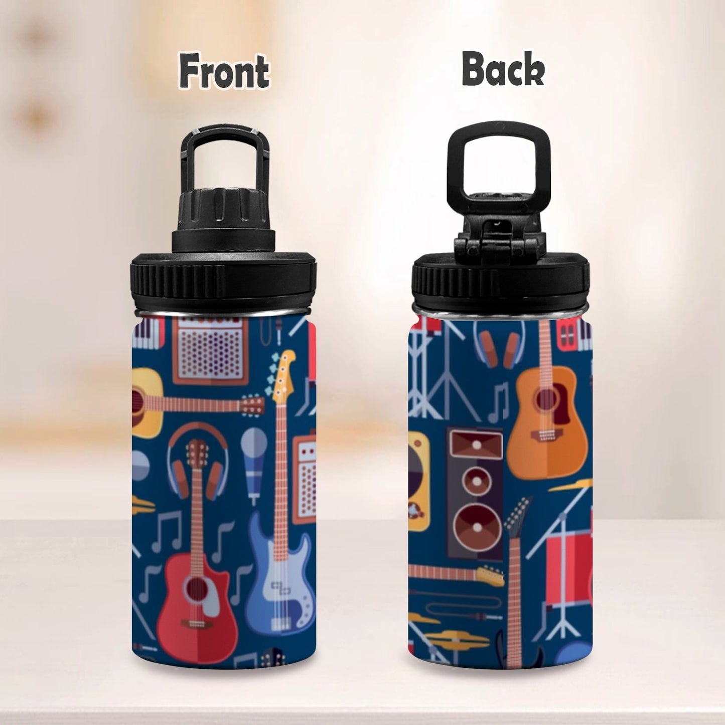 Music Instruments Blue - Kids Water Bottle with Chug Lid (12 oz)