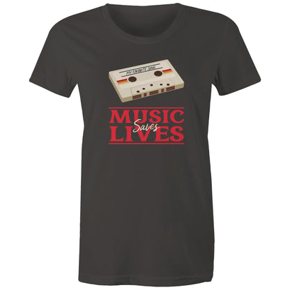 Music Saves Lives, Cassette Tape - Womens T-shirt Charcoal Womens T-shirt Music Printed In Australia Retro