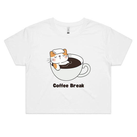 Cat Coffee Break - Women's Crop Tee White Womens Crop Top animal Coffee