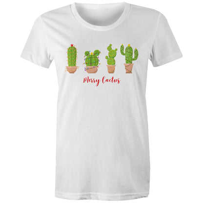 Merry Cactus, Christmas - Womens T-shirt White Womens Christmas T-shirt Christmas Printed In Australia