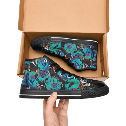 Flower It Blue - Women's High Top Canvas Shoes