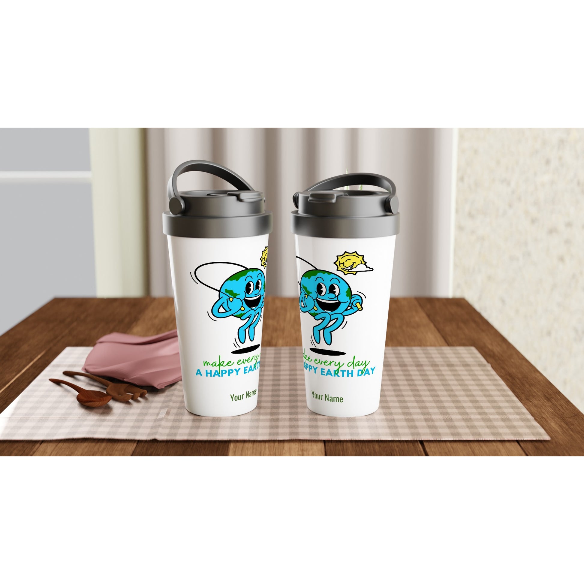 Personalised - Make Every Day A Happy Earth Day - White 15oz Stainless Steel Travel Mug Personalised Travel Mug environment