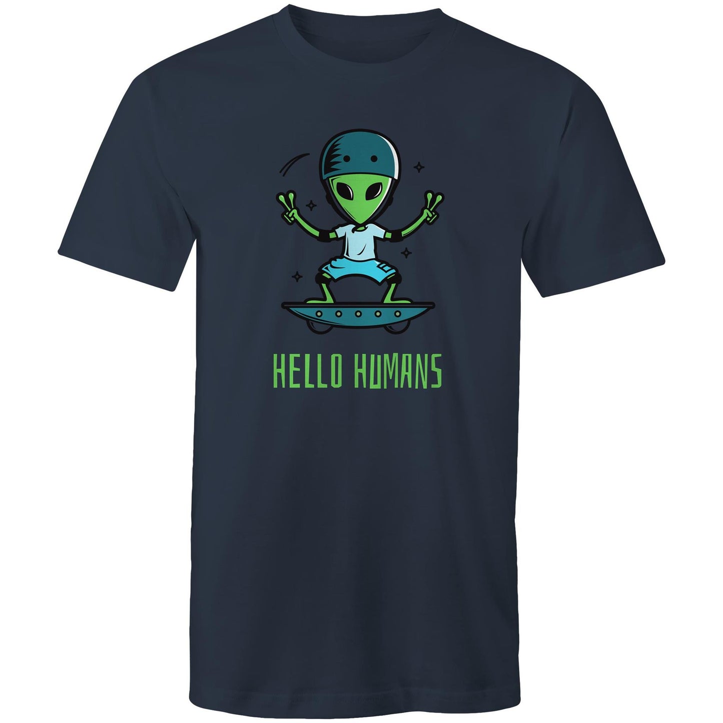 Hello Humans, Alien - Mens T-Shirt Navy Mens T-shirt Printed In Australia Sci Fi