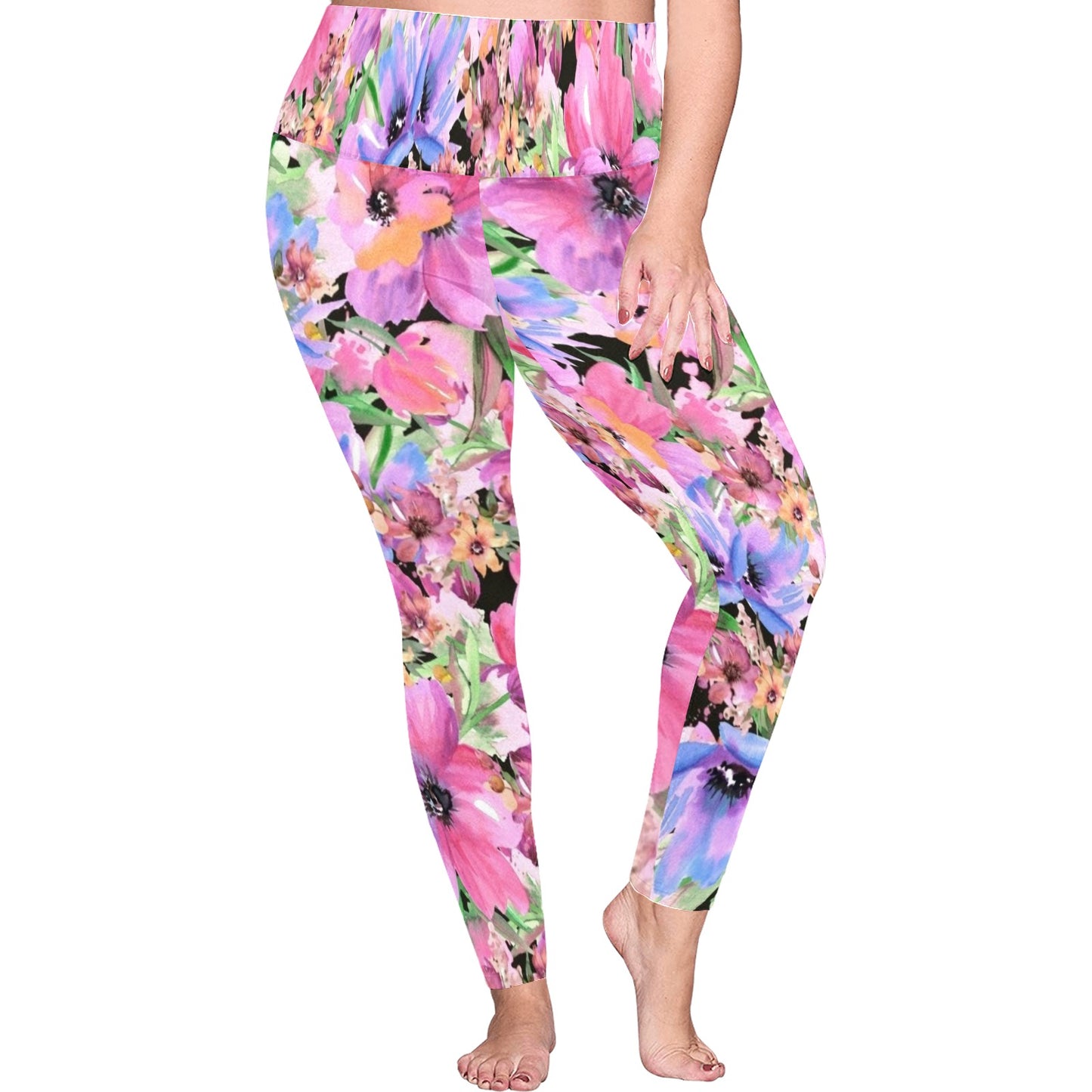 Bright Pink Floral - Women's Plus Size High Waist Leggings Women's Plus Size High Waist Leggings Printed Offshore