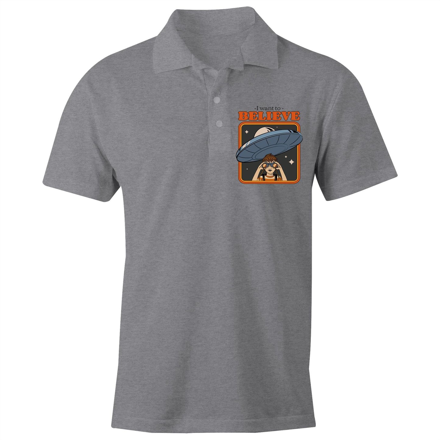 I Want To Believe - Chad S/S Polo Shirt, Printed Grey Marle Polo Shirt Retro Sci Fi