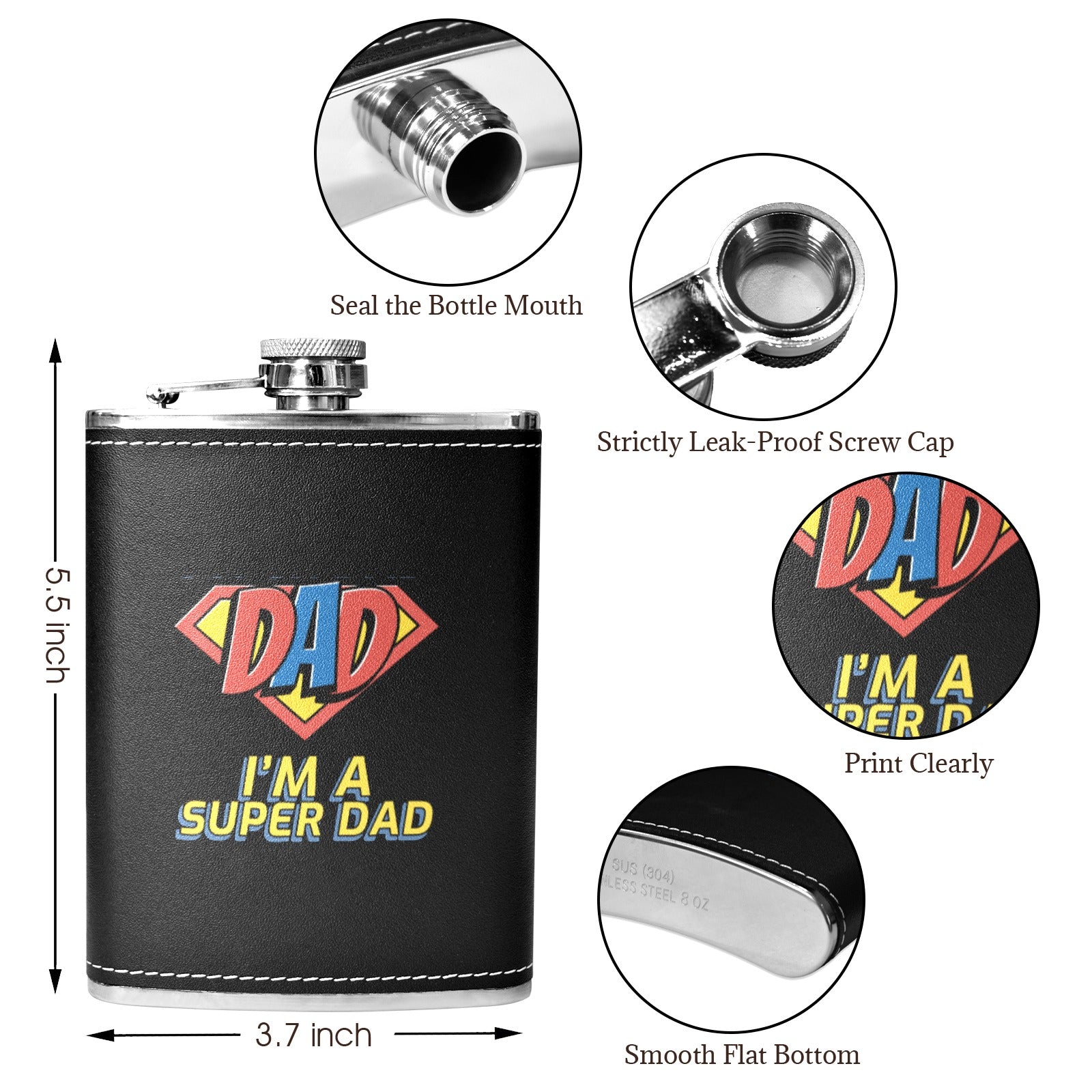 I'm A Super Dad - 8oz Black Leather Hip Flask 8oz Black Leather Hip Flask Printed Offshore