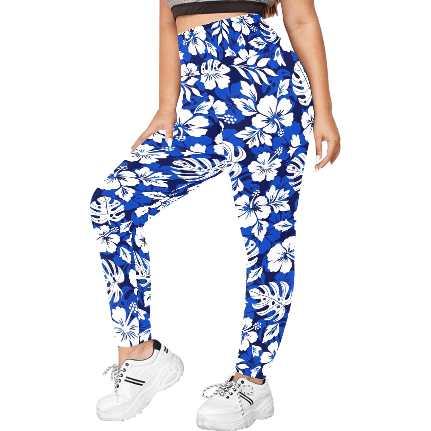 Blue Hawaiian Floral - Womens High Waist Leggings (Sizes 16-22)