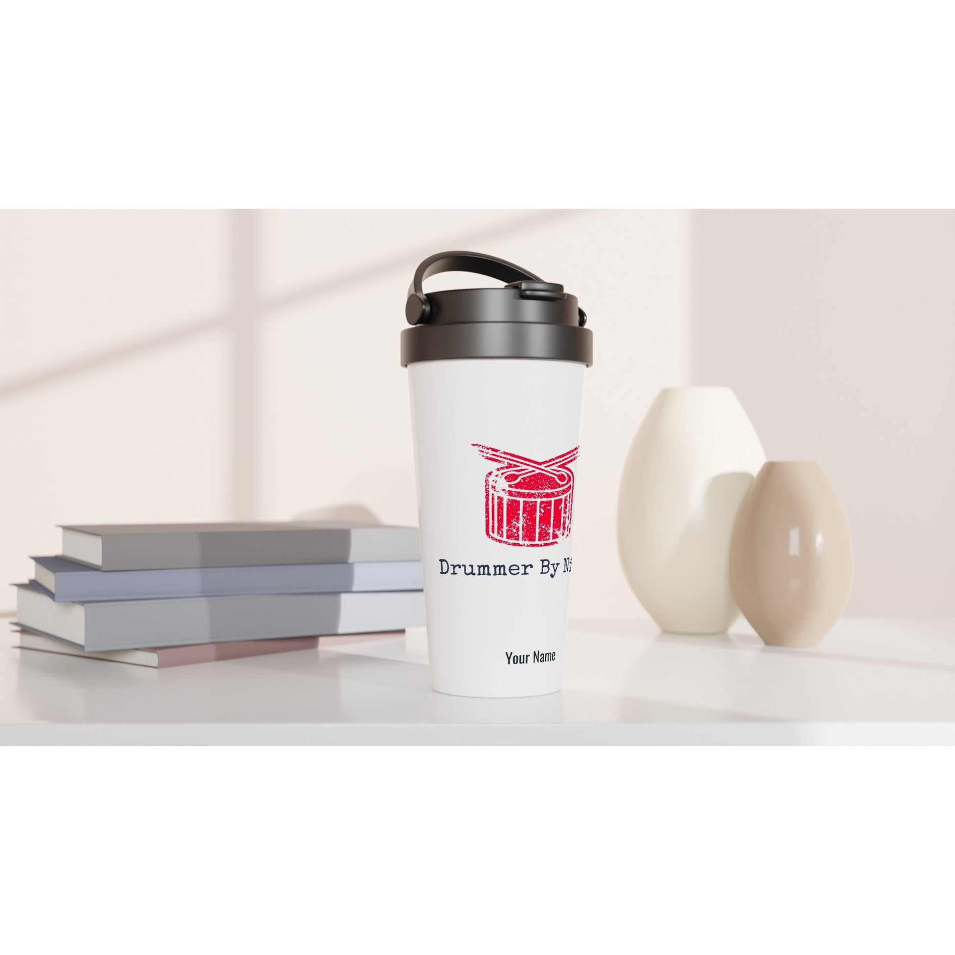 Personalised - Drummer By Night - White 15oz Stainless Steel Travel Mug Personalised Travel Mug