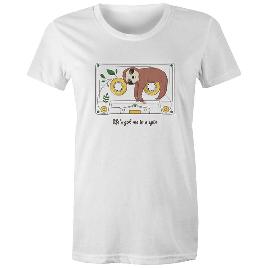 Life's Got Me In A Spin, Sloth, Cassette Tape - Womens T-shirt