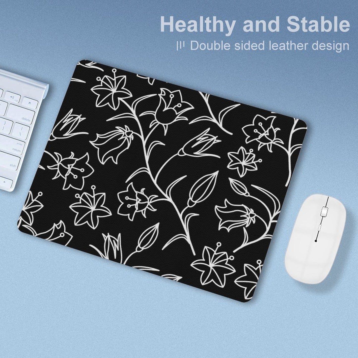 Black And White Floral - Leather Mouse Pad