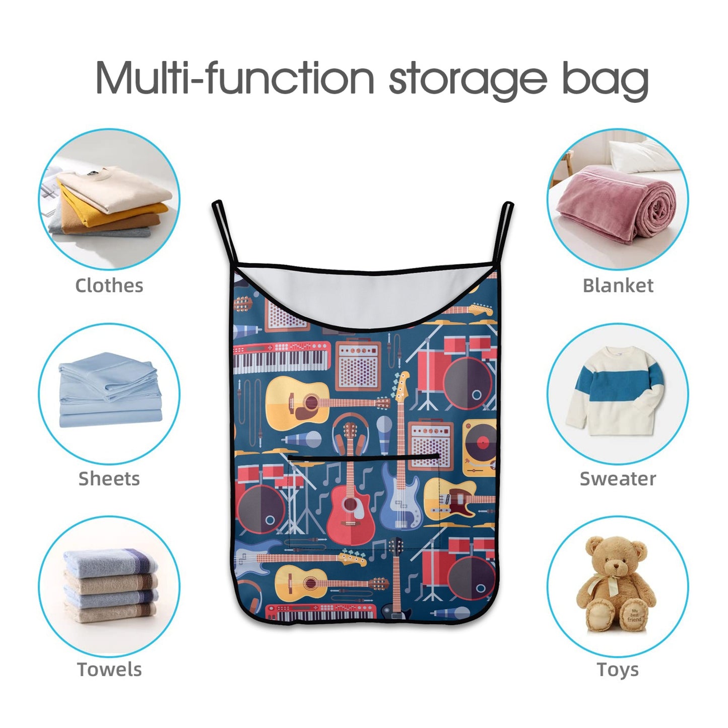 Music Instruments Blue - Hanging Laundry Bag