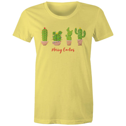 Merry Cactus, Christmas - Womens T-shirt Yellow Womens Christmas T-shirt Christmas Printed In Australia