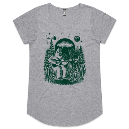 Alien And Bigfoot Playing Guitar - Womens Scoop Neck T-Shirt