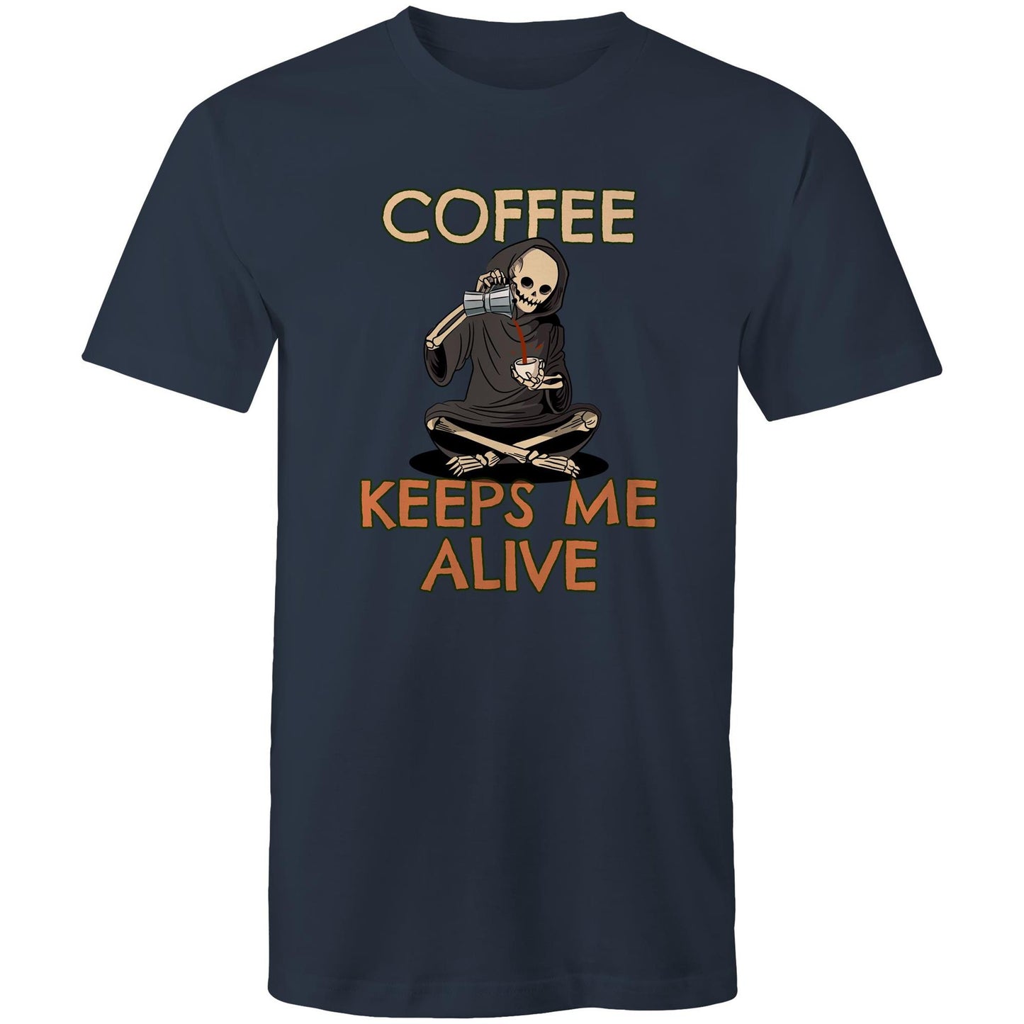 Coffee Keeps Me Alive, Skeleton - Mens T-Shirt Navy Mens T-shirt Coffee Printed In Australia