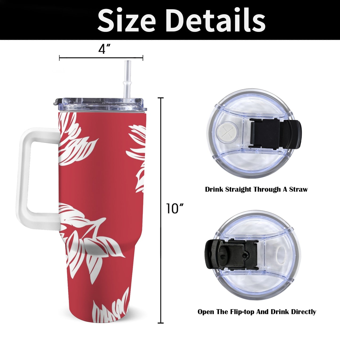 Red Retro Foliage, Hawaiian Flower - 40oz Tumbler with White Handle