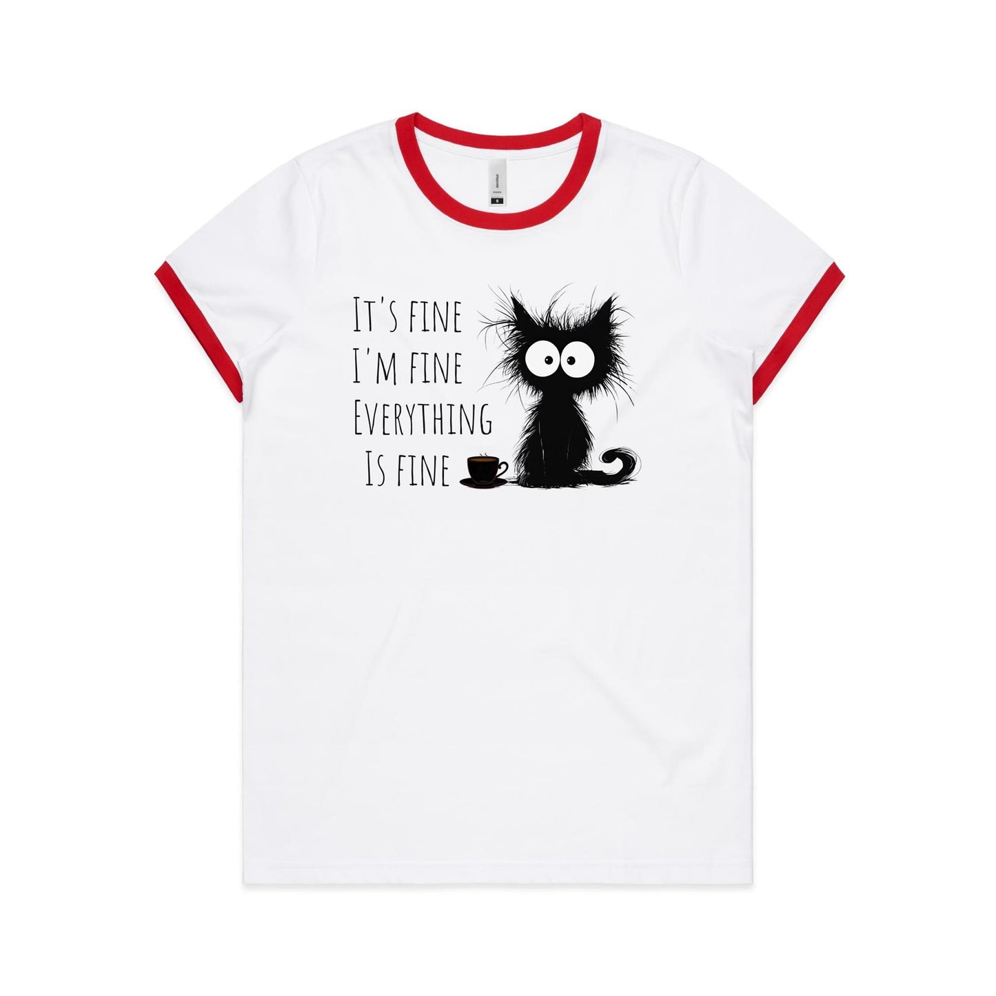 It's Fine, I'm Fine, Frazzled Cat - Women's Ringer Tee White Red