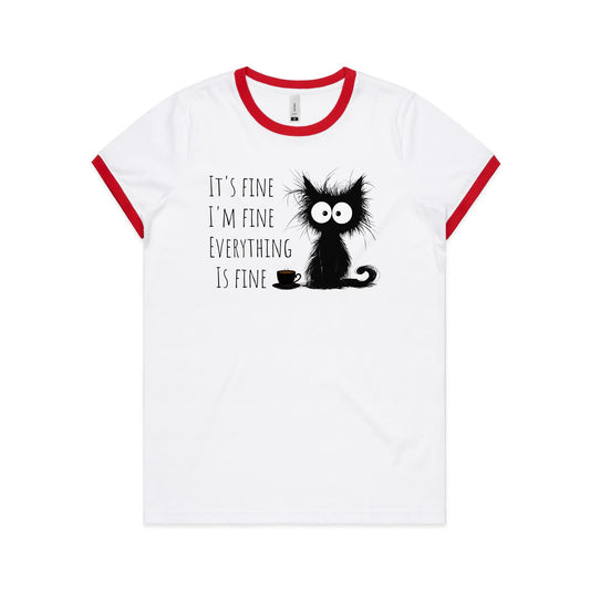 It's Fine, I'm Fine, Frazzled Cat - Women's Ringer Tee White Red Womens Ringer T-shirt animal Printed In Australia