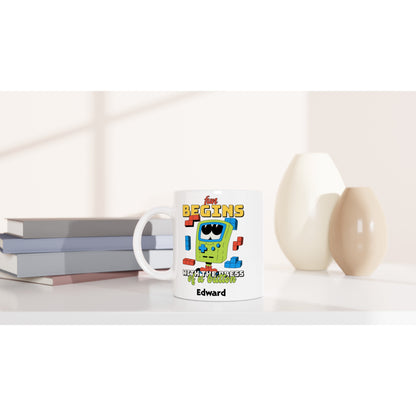 Personalise - Fun Begins With The Press Of A Button - White 11oz Ceramic Mug Personalised Mug customise Games personalise