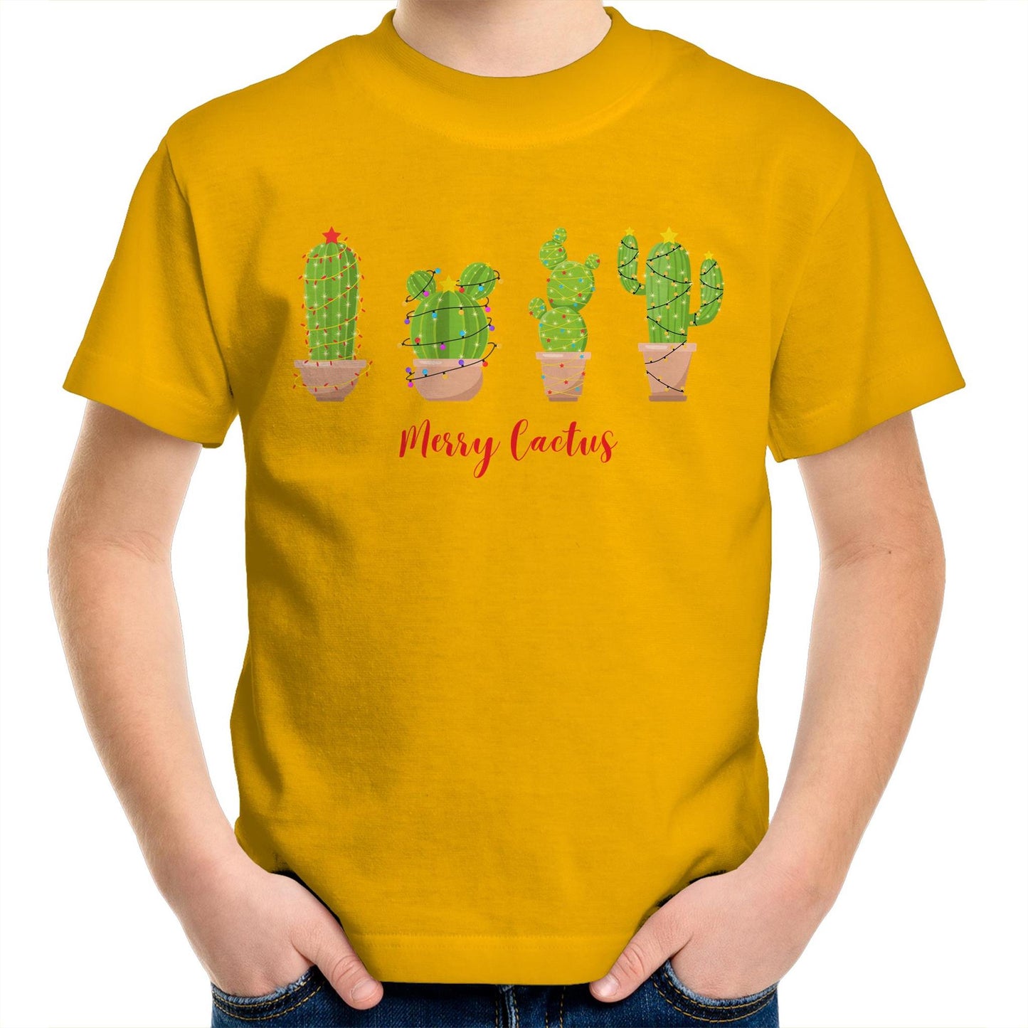 Merry Cactus, Christmas - Kids Youth T-Shirt Gold Kids Christmas T-shirt Christmas Printed In Australia