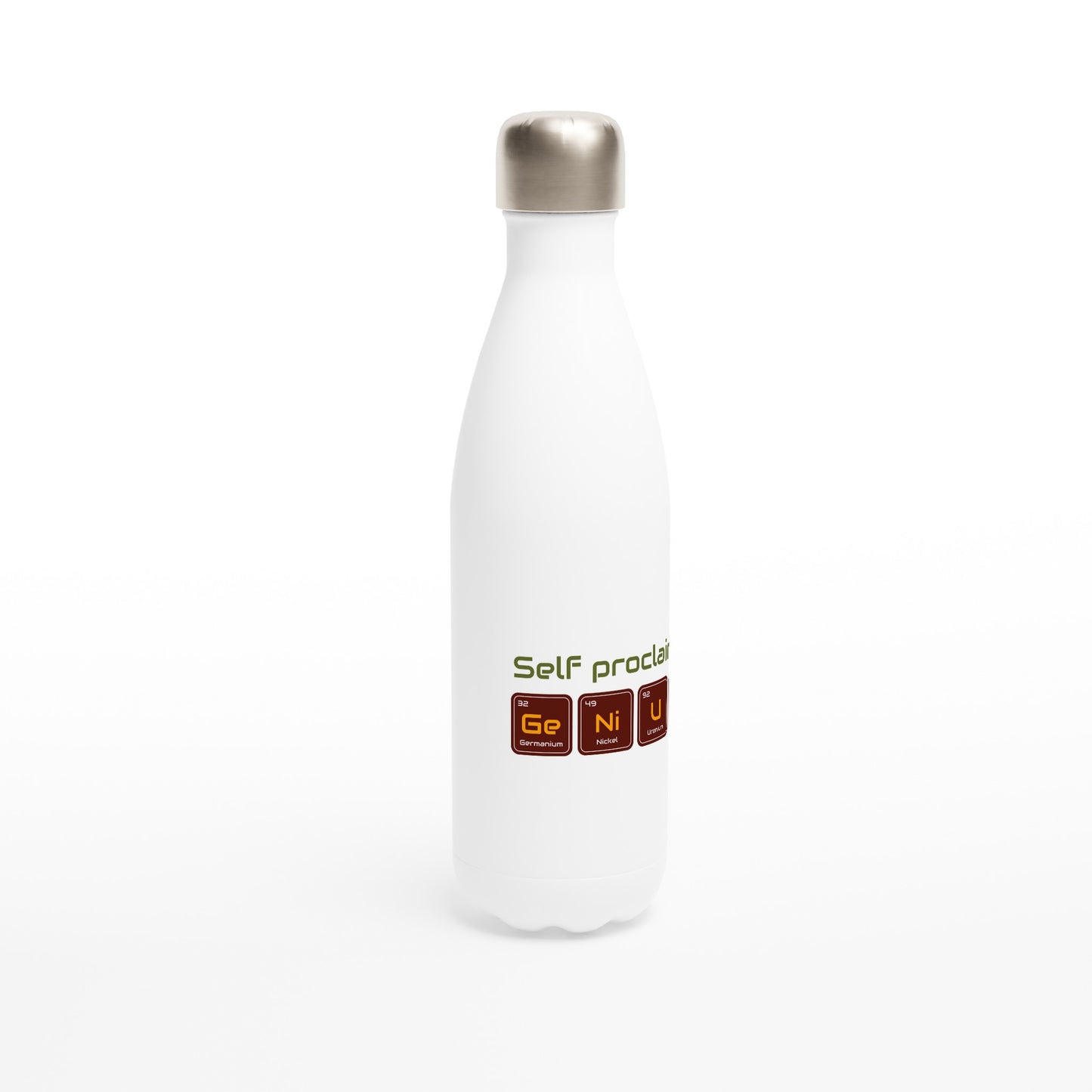 Self Proclaimed Genius, Periodic Table - White 17oz Stainless Steel Water Bottle White Water Bottle Science