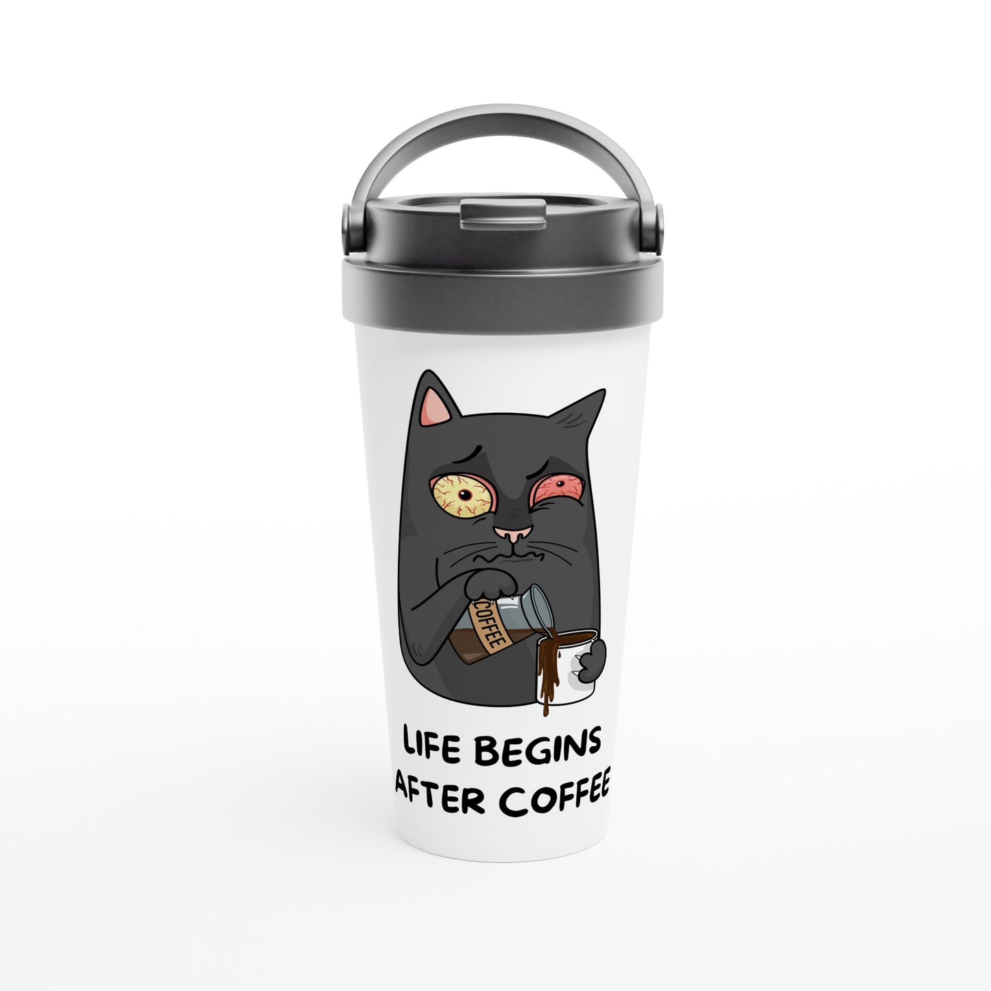 Cat, Life Begins After Coffee - White 15oz Stainless Steel Travel Mug Default Title Travel Mug animal Coffee Globally Fulfilled