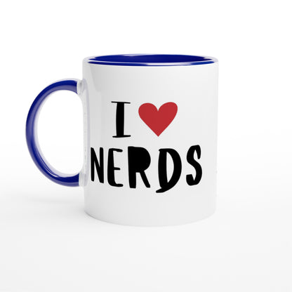 I Love Nerds, Red Heart - White 11oz Ceramic Mug with Colour Inside Ceramic Blue Colour 11oz Mug Globally Fulfilled Love