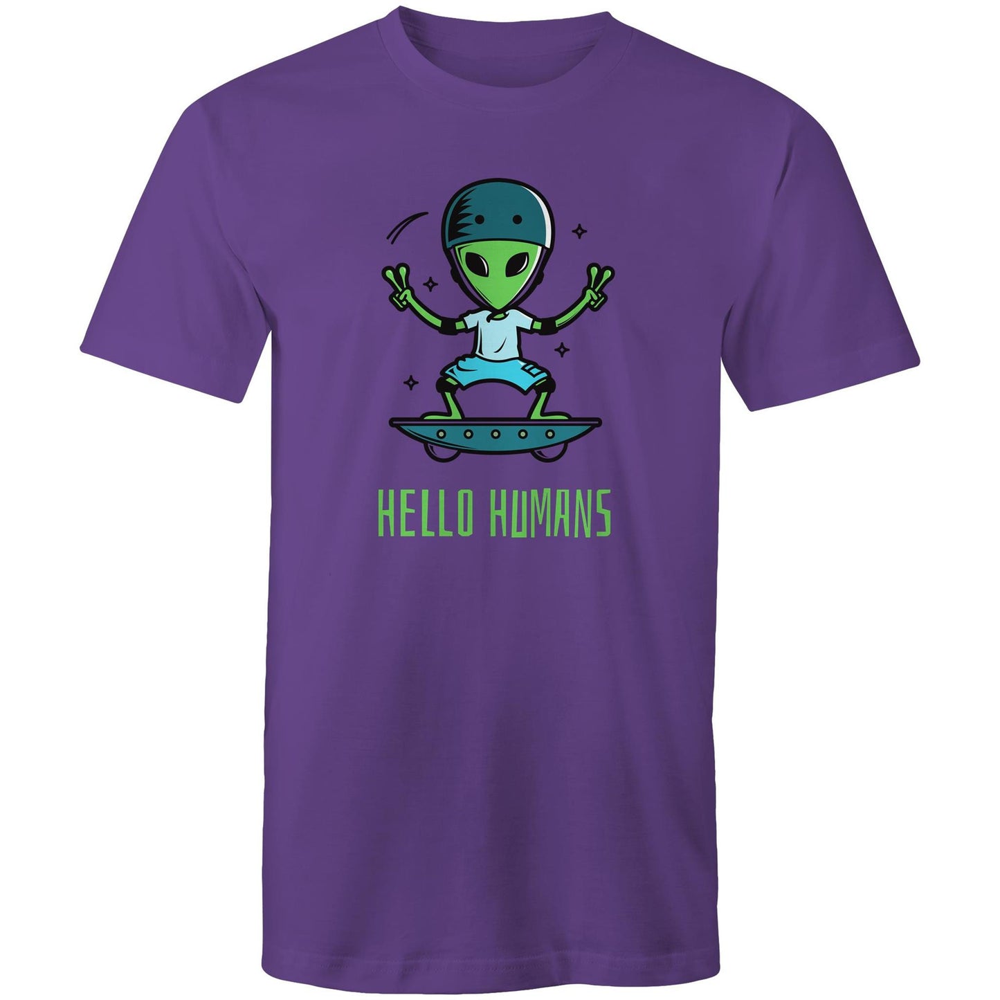 Hello Humans, Alien - Mens T-Shirt Purple Mens T-shirt Printed In Australia Sci Fi