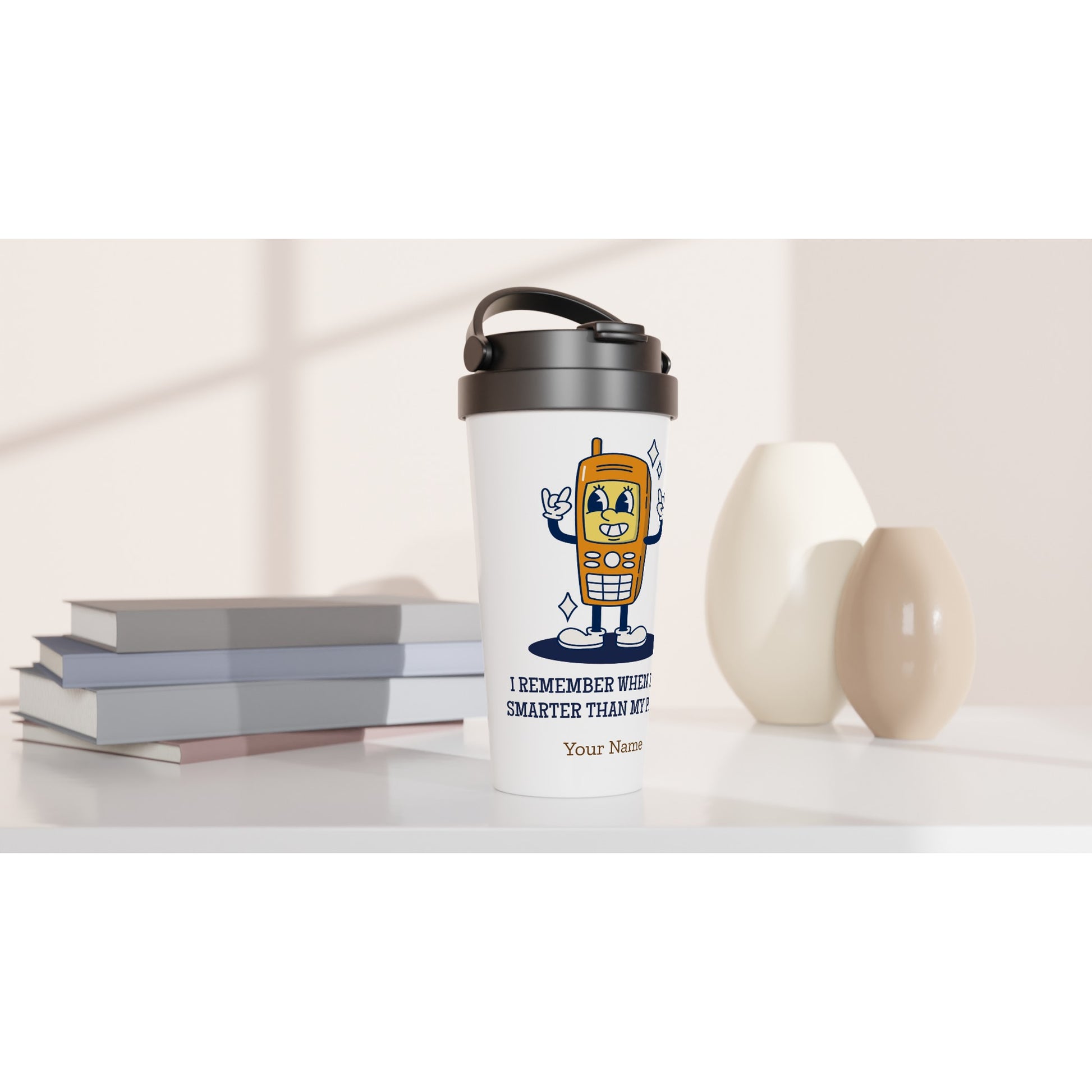 Personalised - I Remember When I Was Smarter Than My Phone - White 15oz Stainless Steel Travel Mug Personalised Travel Mug Customise Funny Globally Fulfilled Personalise Retro tech