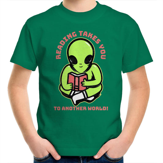 Reading Takes You To Another World, Alien - Kids Youth T-Shirt Kelly Green Kids Youth T-shirt Reading Sci Fi