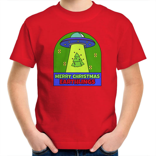 Merry Christmas Earthlings, UFO - Kids Youth T-Shirt Red Christmas Kids T-shirt Merry Christmas