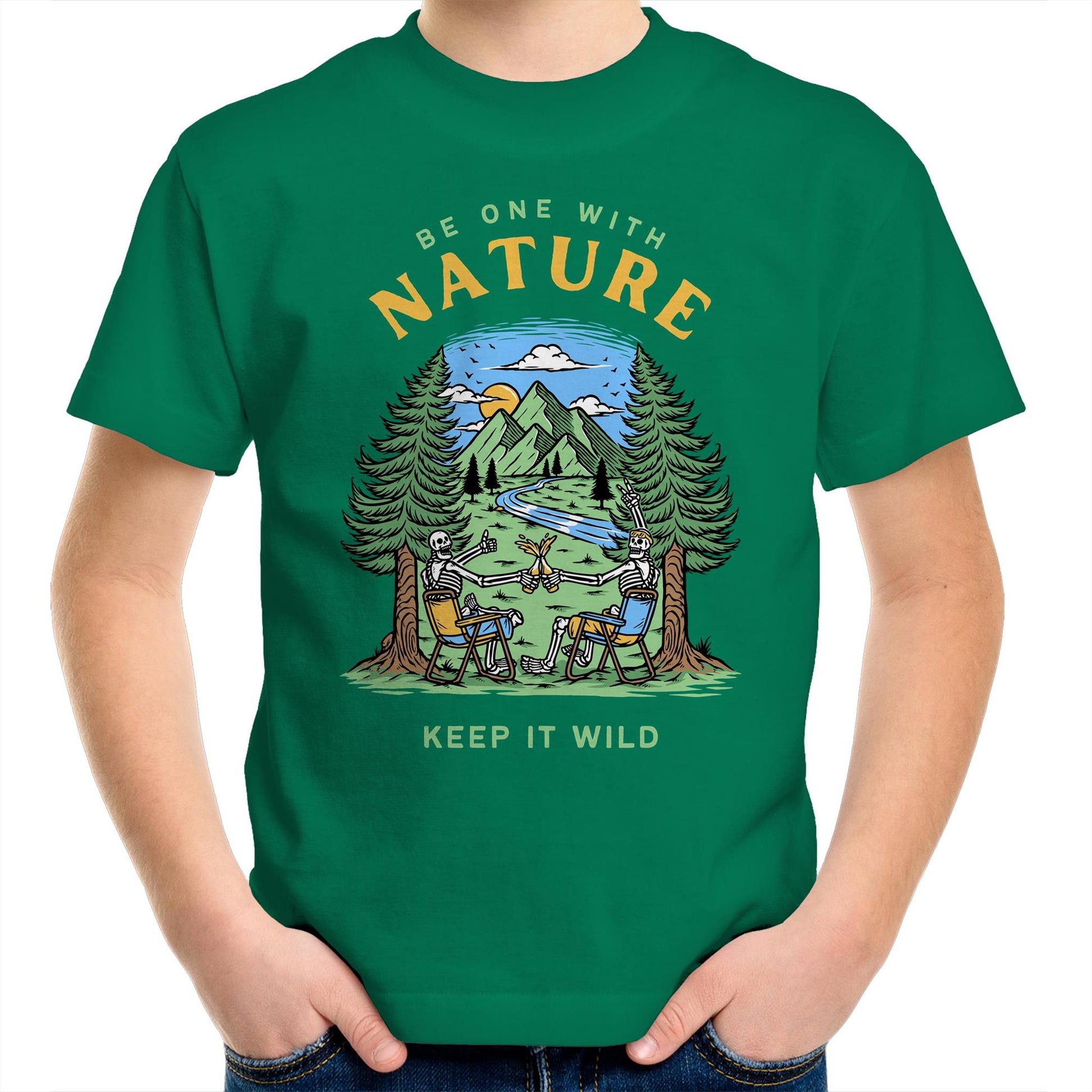 Be One With Nature, Skeleton - Kids Youth T-Shirt Kelly Green Kids Youth T-shirt Environment Summer