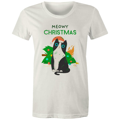 Meowy Christmas - Womens T-shirt Natural Womens Christmas T-shirt Christmas Printed In Australia