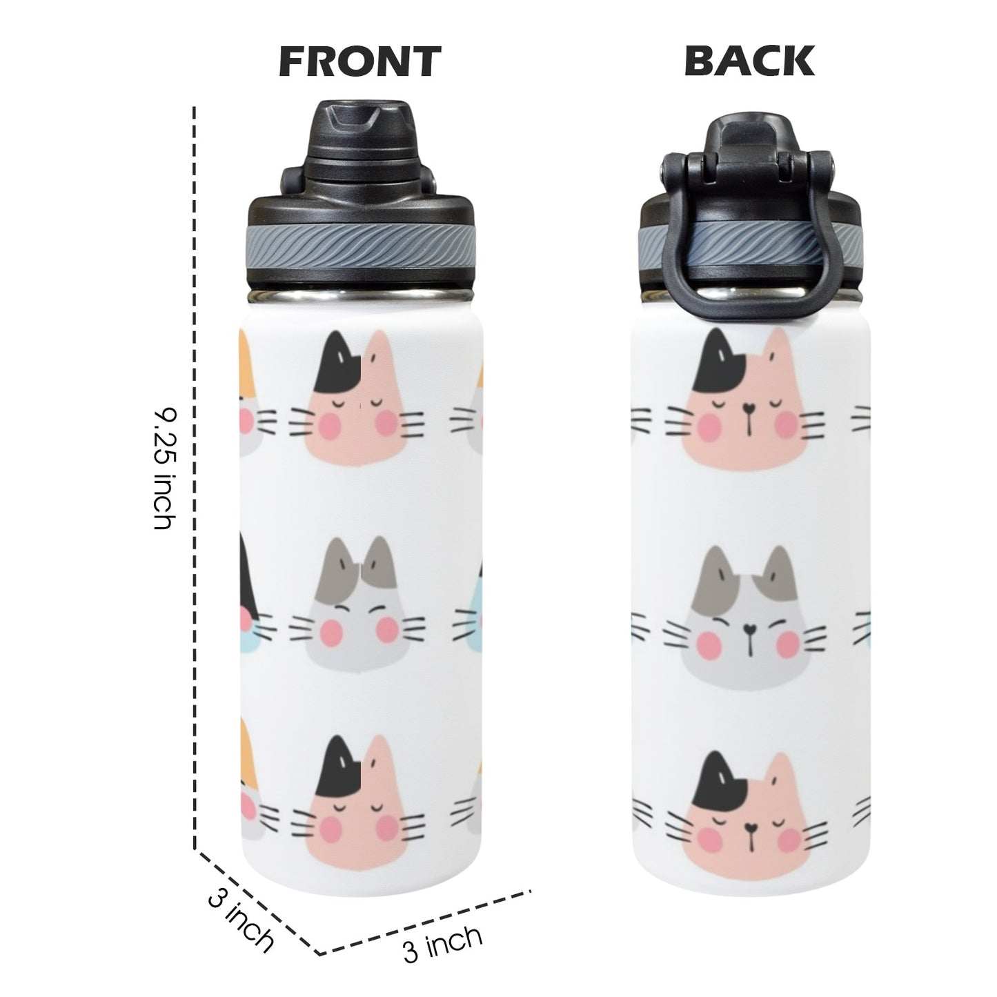 Cat Faces - Insulated Water Bottle with Dual-Use Lid (18oz)