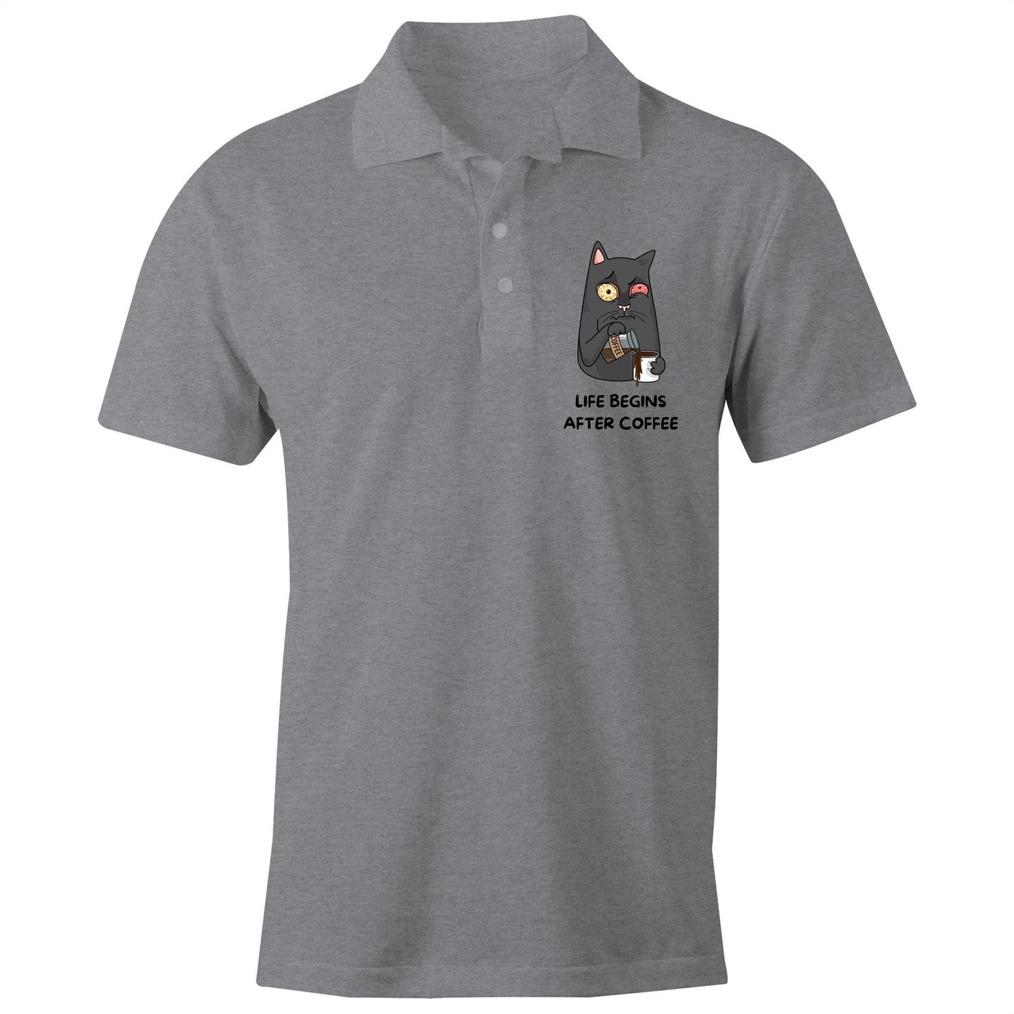 Cat, Life Begins After Coffee - Chad S/S Polo Shirt, Printed Grey Marle Polo Shirt Coffee Funny