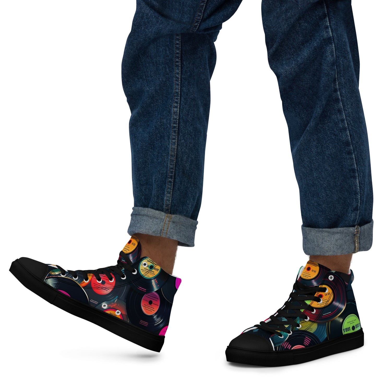 Retro Vinyl Records - Men’s high top canvas shoes Black Mens High Top Shoes Music Retro