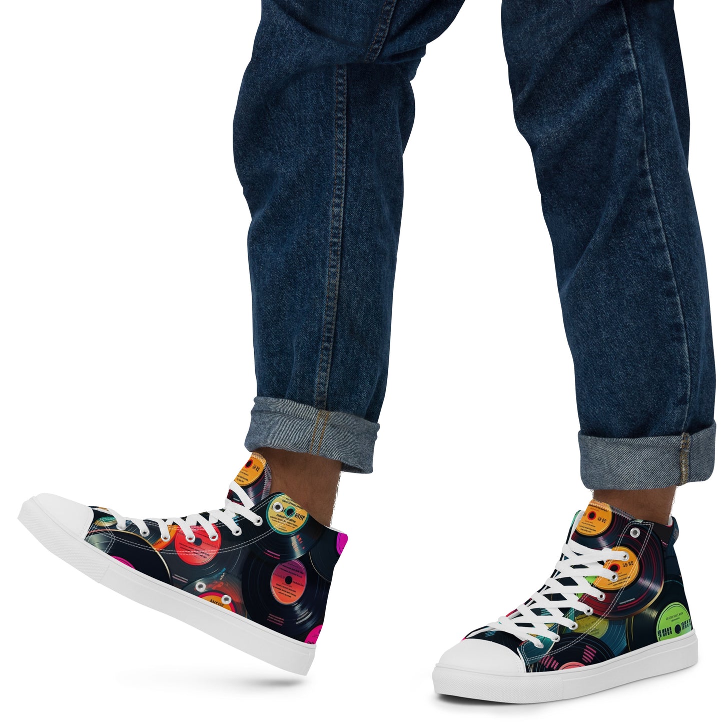 Retro Vinyl Records - Men’s high top canvas shoes White Mens High Top Shoes Music Retro