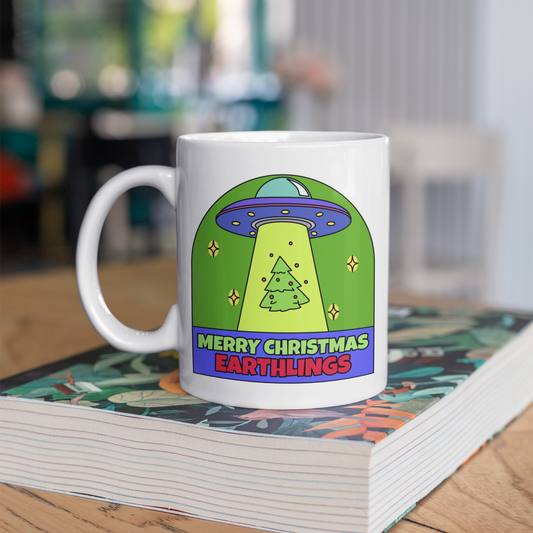 Merry Christmas Earthlings, UFO - 11oz Ceramic Mug Christmas Mug Merry Christmas
