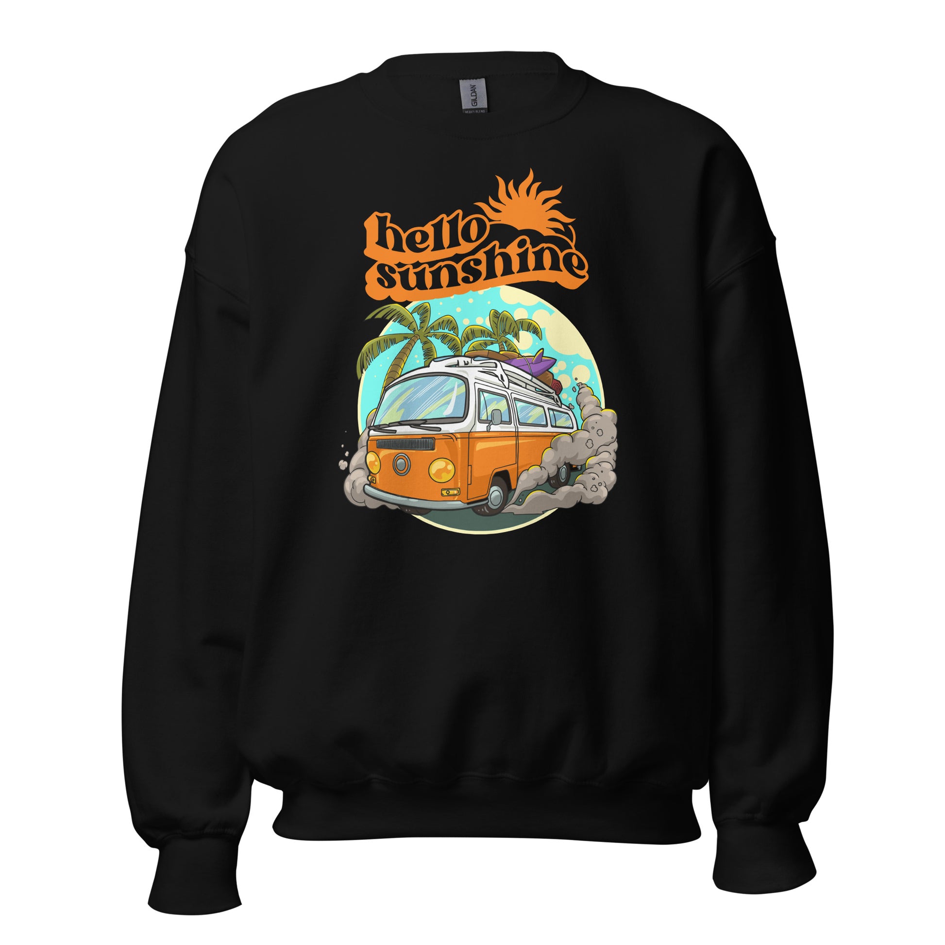 Hello Sunshine, Beach Van - Unisex Sweatshirt Black Unisex Sweatshirt Globally Fulfilled Printed Worldwide Retro Summer Surf